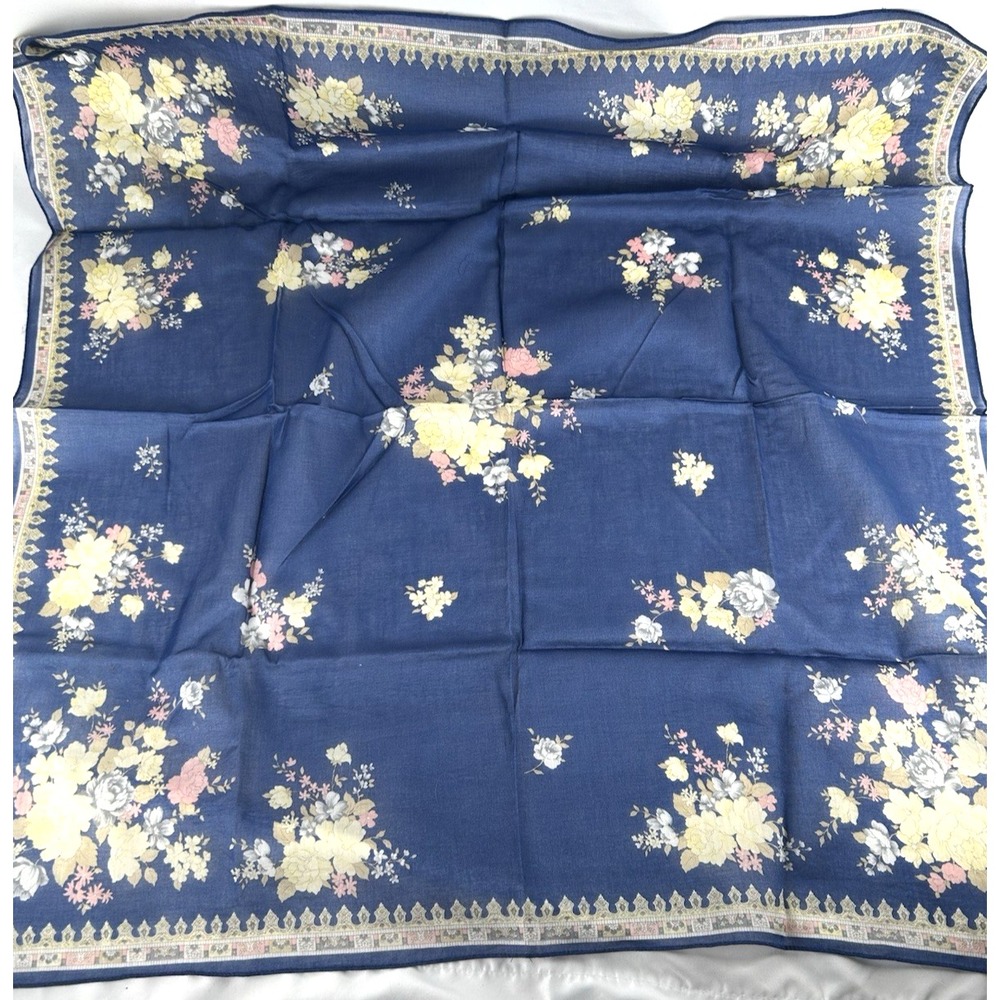 Vtg Ginnie Johansen 100% Cotton Blue Floral Scarf Japan Square Lightweight